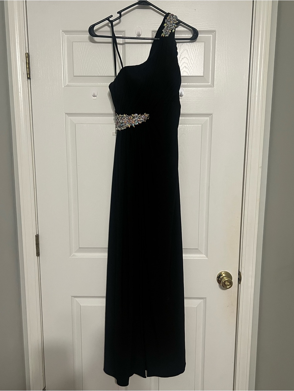 One-Shoulder Black Evening Gown with Jeweled Accents